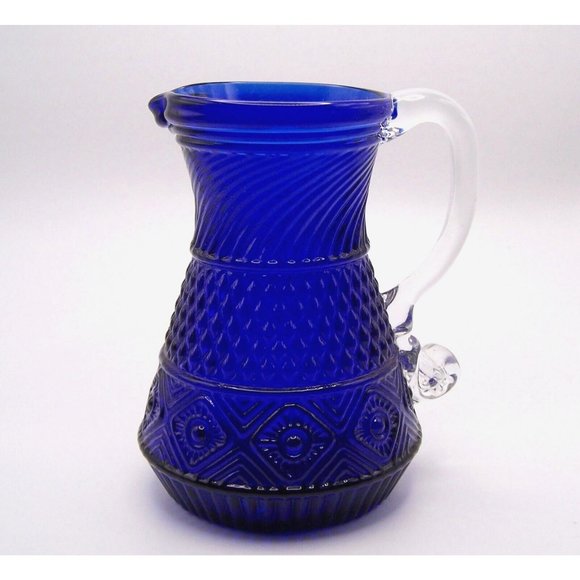 Cobalt Blue Pilgrim Glass Creamer Pitcher Hand Blown Applied Handle Vintage 4.5" - Picture 1 of 6